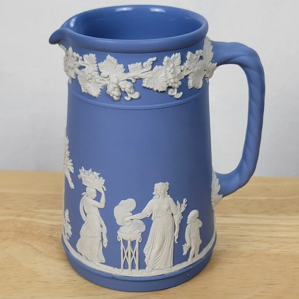 Vintage Royal Doulton Jasperware Style Blue Pitcher Trojan Jug Grapevine England